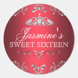 Adesivo Red Silver Damask & Tiara Sweet 16 Sticker