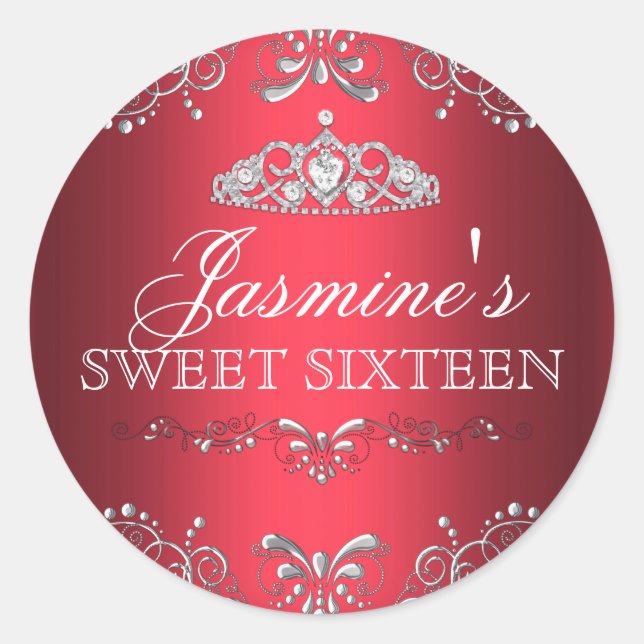 Adesivo Red Silver Damask & Tiara Sweet 16 Sticker (Frente)