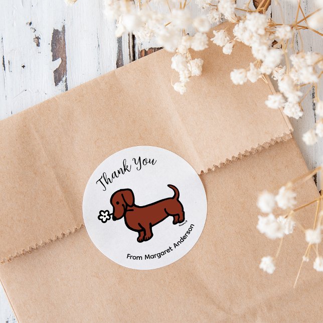 Adesivo Red Smooth Haired Dachshund Tiny Flor Obrigado (Red Smooth Haired Dachshund Tiny Flower Thank You Sticker.  Cute Sausage Dog Cartoon Design.)