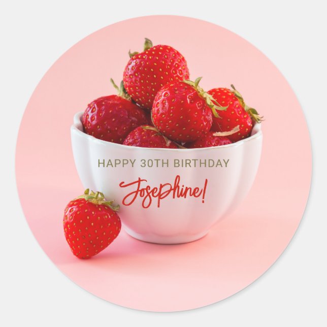 Adesivo Red Strawberries Photo On Pink Happy Birthday (Frente)