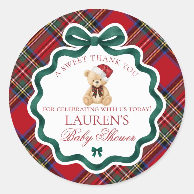 Adesivo Red Tartan Plaid Christmas Bear Baby Shower Favor (Frente)