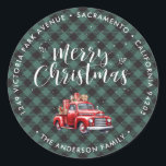 Adesivo Red Truck Green Christmas Return Labs<br><div class="desc">Crie lindas etiquetas de endereço de volta de Natal com um caminhão vermelho clássico em um padrão de xadrez de búfalo verde. Personalize facilmente estas etiquetas de Natal verdes com o nome e endereço da sua família.</div>
