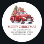 Adesivo Red Truck Merry Christmas Return Labs<br><div class="desc">Crie belas etiquetas de endereço de volta de Natal com carregando de caminhão vermelho a aquarela,  uma árvore de Natal e presentes. Personalize facilmente estas bonitas etiquetas de Natal com o seu nome e endereço familiar.</div>