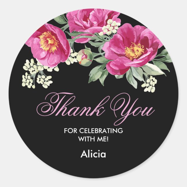 Adesivo Red Violet Peony Greenery Black Obrigado Sticker (Frente)