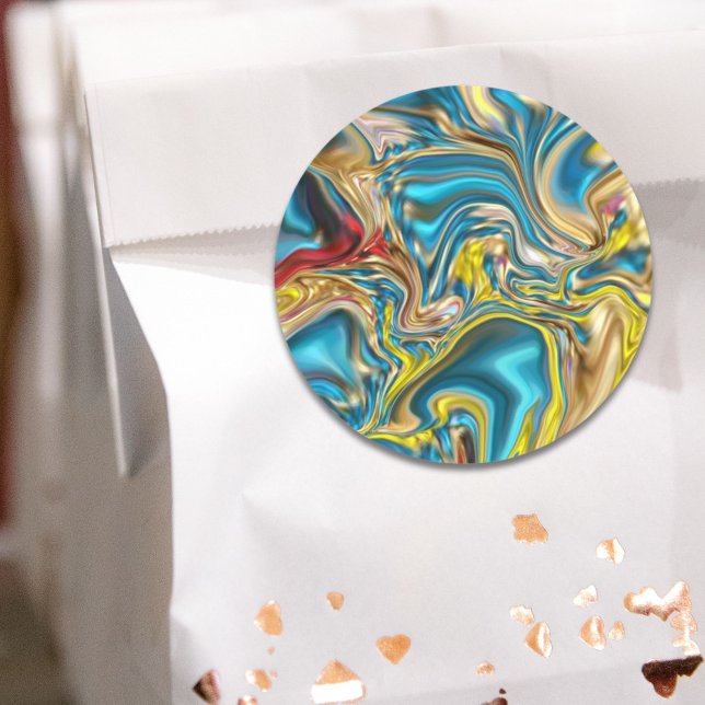 Adesivo redemoinhos de mármore abstratos amarelo turquesa  (abstract marble swirls yellow teal turquoise blue classic round sticker)