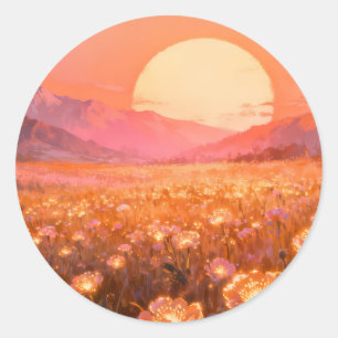 Adesivo Redondo Campo de Flores ao Pôr do Sol