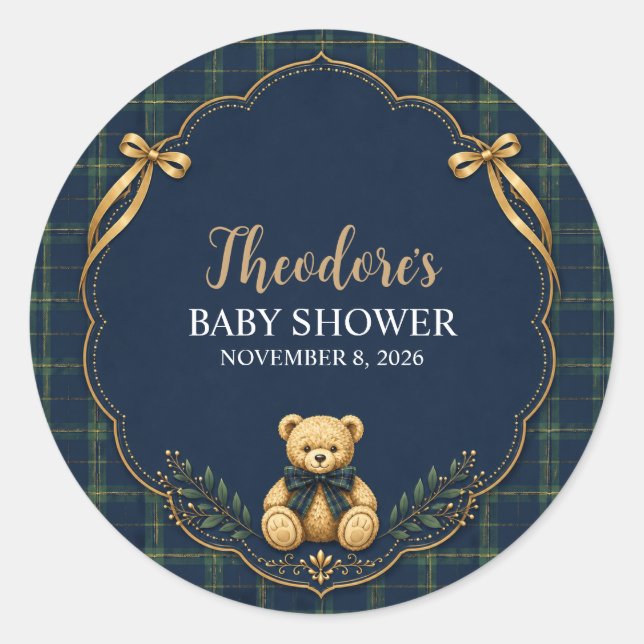 Adesivo Redondo Chuveiro de Bebê Urso Teddy Xadrez (Frente)