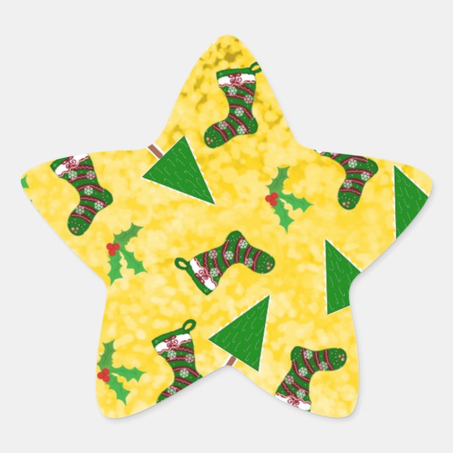 Adesivo Redondo Clássico Amarelo Padrão de Natal (Frente)