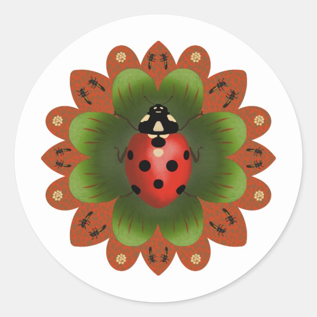 Adesivo redondo clássico com ladybug em vermelho e (Frente)