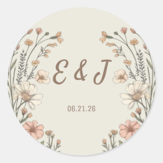 Adesivo Redondo Clássico de Casamento Floral Boho