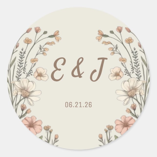 Adesivo Redondo Clássico de Casamento Floral Boho  (Frente)