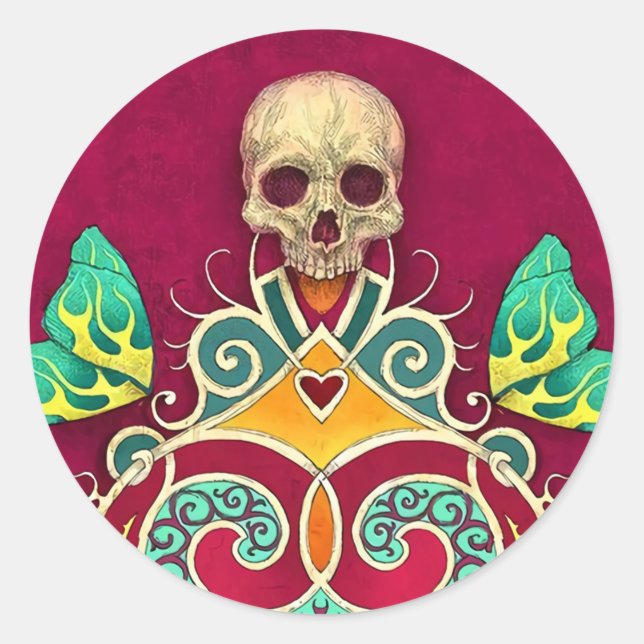 Adesivo Redondo Clássico de Halloween Floral Crâni (Frente)
