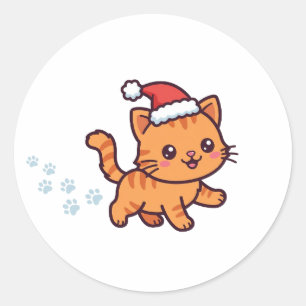 Adesivo Redondo Clássico de Natal do Gatinho Santa
