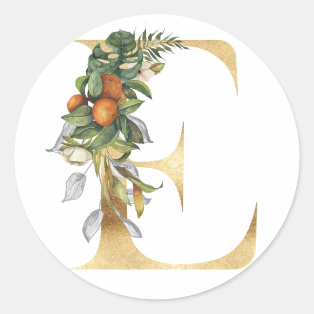 Adesivo Redondo Clássico monograma floral em ouro (Frente)