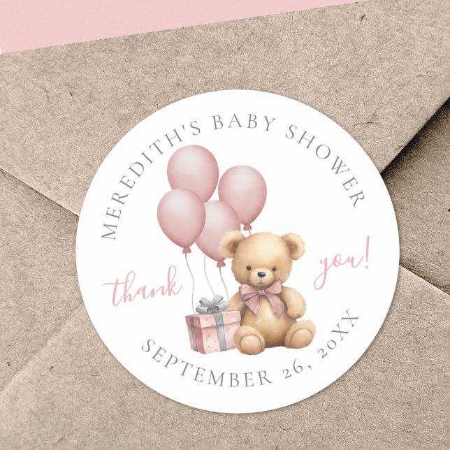 Adesivo Redondo Clássico para Chá de Bebê Urso de  (Pink Teddy Bear Baby Shower Classic Round Sticker)