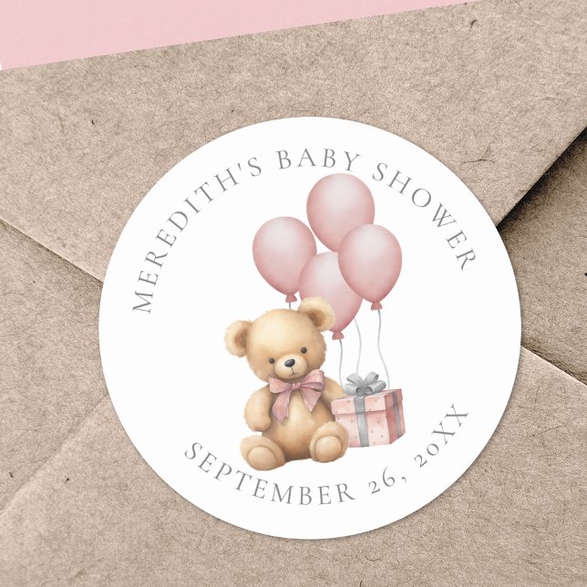 Adesivo Redondo Clássico para Chá de Bebê Urso Ted (Pink Teddy Bear Baby Shower Classic Round Sticker )