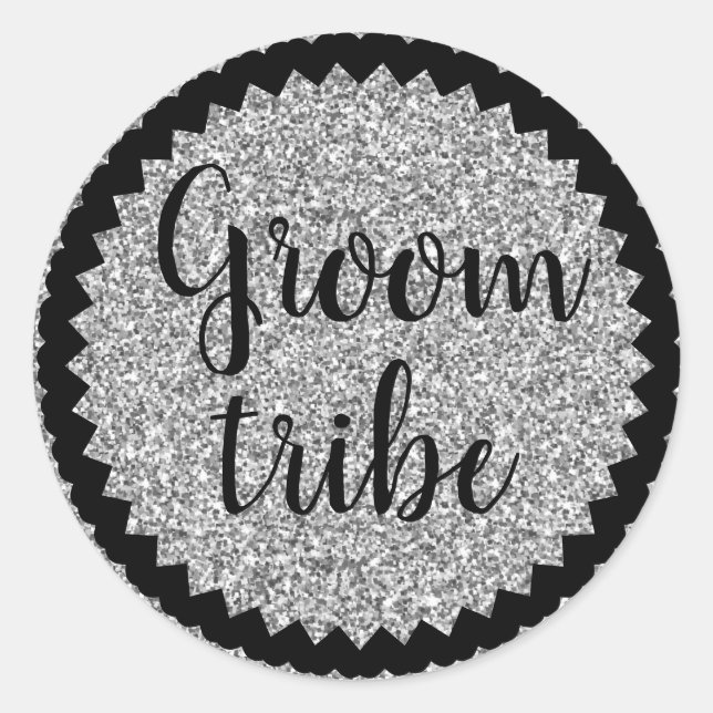 Adesivo Redondo Clássico Prata Glitter Groom Tribe (Frente)
