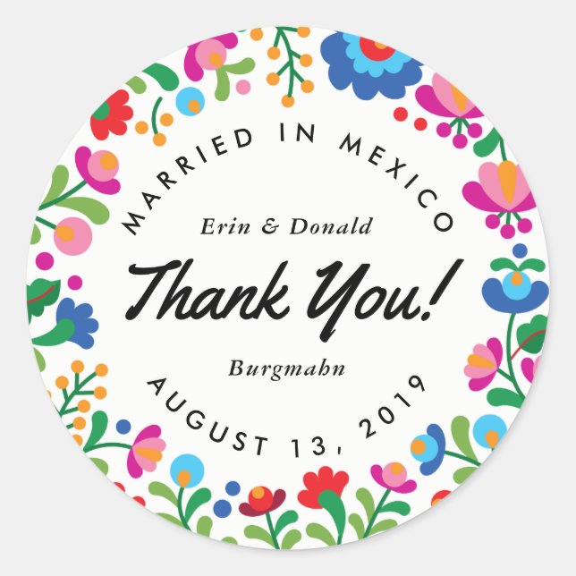 Adesivo redondo colorido de bordados mexicanos (Frente)