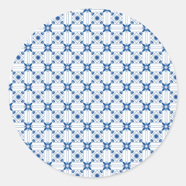 Adesivo redondo com intrincado azul e branco  (Frente)