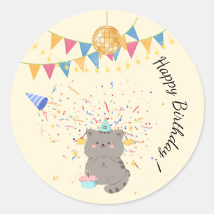 Adesivo Redondo Cute Cat Feliz Aniversário Paste