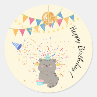 Adesivo Redondo Cute Cat Feliz Aniversário | Paste