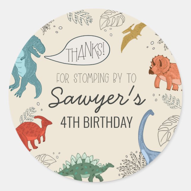 Adesivo Redondo de Aniversário de Dinossauro (Frente)