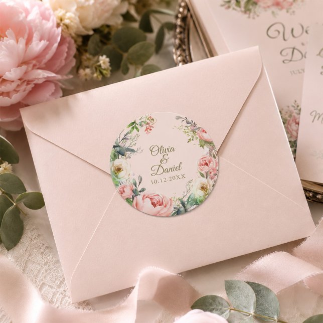 Adesivo Redondo de Casamento Peônia Rosa e Marfim (Blush & Ivory Peony Wedding Round Sticker)