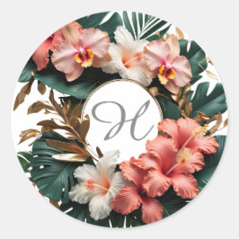 Adesivo Redondo de Monograma Floral Tropical Perso