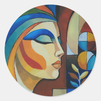 Adesivo Redondo de Mulher Cubista Abstrata