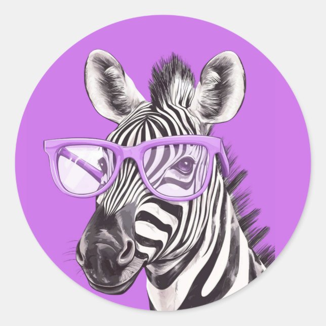 Adesivo Redondo de Zebra Engraçada com Óculos Roxo (Frente)