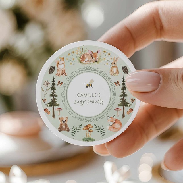 Adesivo Redondo Favor de Chuvinha de Bebê Floresta (Woodland Sage Green Baby Shower Sticker)