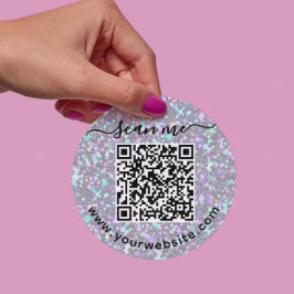 Adesivo redondo iridescente com código QR e texto 
