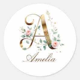 Adesivo Redondo Letra A Floral Dourado Personaliza