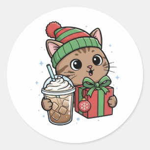 Adesivo Redondo Personalizado de Gato Festivo e Ca