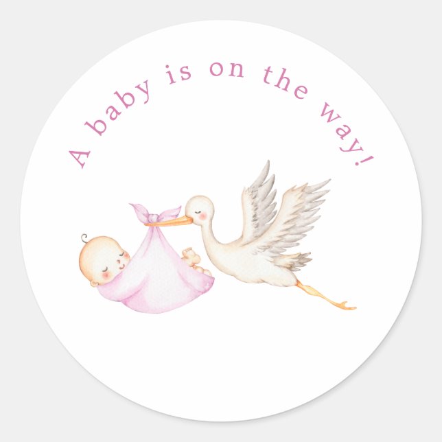 Adesivo Redondo Pink Stork para Chá de Bebê (Frente)