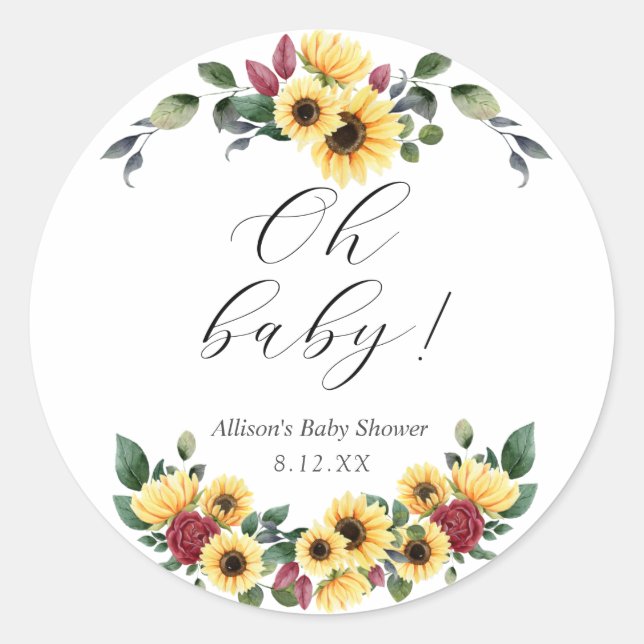 Adesivo Redondo Sunflower Foliage Baby Shower (Frente)