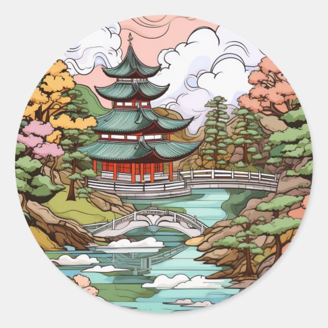Adesivo Reflexões de Pond: Temple e Bridge Art (Frente)