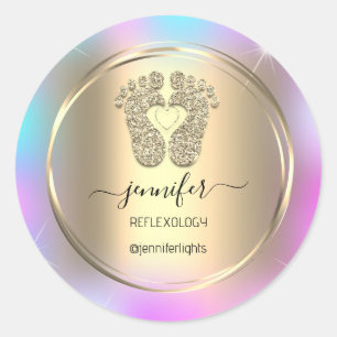 Adesivo Reflexologia Bebê Pés Dourados Holografia Dourada
