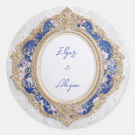 Adesivo Regal Vitoriano Azul Dourado Floral Oval Casamento