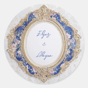 Adesivo Regal Vitoriano Azul Dourado Floral Oval Casamento