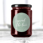 Adesivo Relaxar Script Espalhar o Casamento Personalizado<br><div class="desc">Vinheta de casamento com as palavras "Espalhar o Amor" em um texto cursivo relaxado em branco contra uma cor de fundo editável (clique em personalizar para acessar). Personalize-o substituindo o texto do marcador de posição. Para obter mais opções, como alterar a fonte e seu tamanho/cor, expanda a curva/contrato ou o...</div>