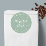 Adesivo Relaxe O Casamento Personalizado De Cor Da Mistura<br><div class="desc">Um adesivo de favor de casamento com as palavras "a mistura perfeita" em um script cursivo relaxado em branco contra uma cor de fundo editável (clique em personalizar para acessar). Personalize-o substituindo o texto do marcador de posição. Para obter mais opções, como alterar a fonte e seu tamanho/cor, expanda a...</div>