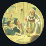 Adesivo Religião Vintage, Judaísmo, Acendendo a Menorá<br><div class="desc">Ilustração vintage religiosa judaica apresentando um rabino acendendo as velas em uma Menorá durante o Hanukkah com duas crianças observando.</div>