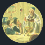 Adesivo Religião Vintage, Judaísmo, Iluminando a Menorah<br><div class="desc">Ilustração vinda da judaica religiosa apresentando um Rabbi iluminando as velas em um Menorah durante Chanucá com duas crianças assistindo.</div>
