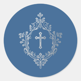 Adesivo Religious Classic Blue Faux Silver Cross in Crest 