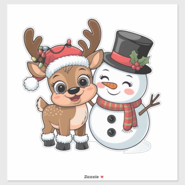 Adesivo Rena de Natal Fofa & Boneco de Neve (Folha)