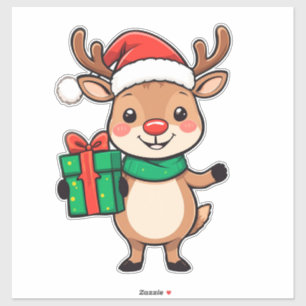Adesivo Rena de Natal Fofa Segurando um Presente