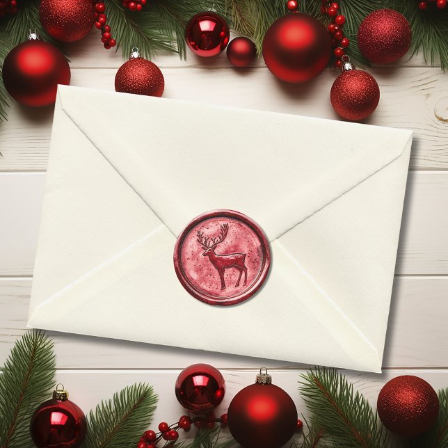 Adesivo Rena de Natal Vermelha Cera Falsa (Christmas Reindeer Red Faux Wax Classic Round Sticker)