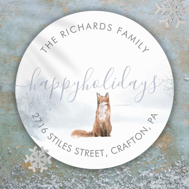 Adesivo Resgate Morada Férias Felizes Fox de inverno (Return Address Happy Holidays Winter Fox Classic Round Sticker)