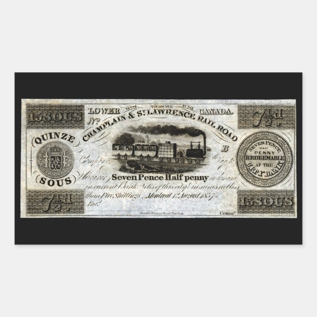 Adesivo Retangular 1837 Canadian Railroad Currency (Frente)